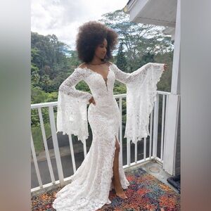 LACE MERMAID WEDDING DRESS WITH BELL SLEEVES DEEP PLUNGING NECKLINE